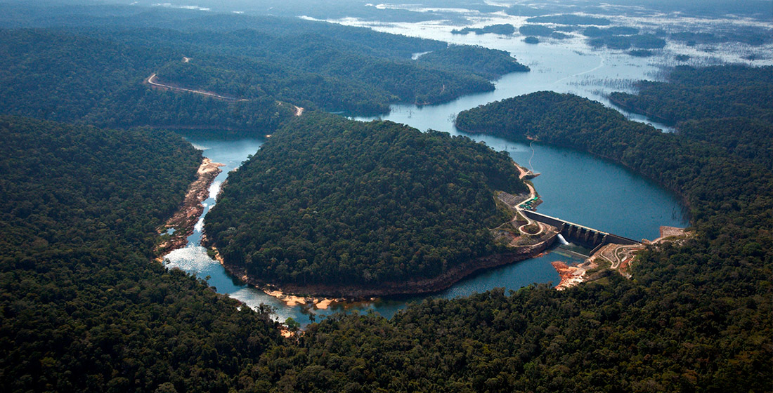 Aerial view of the Nam Theun 2 reservoir and Nakai dam, Laos